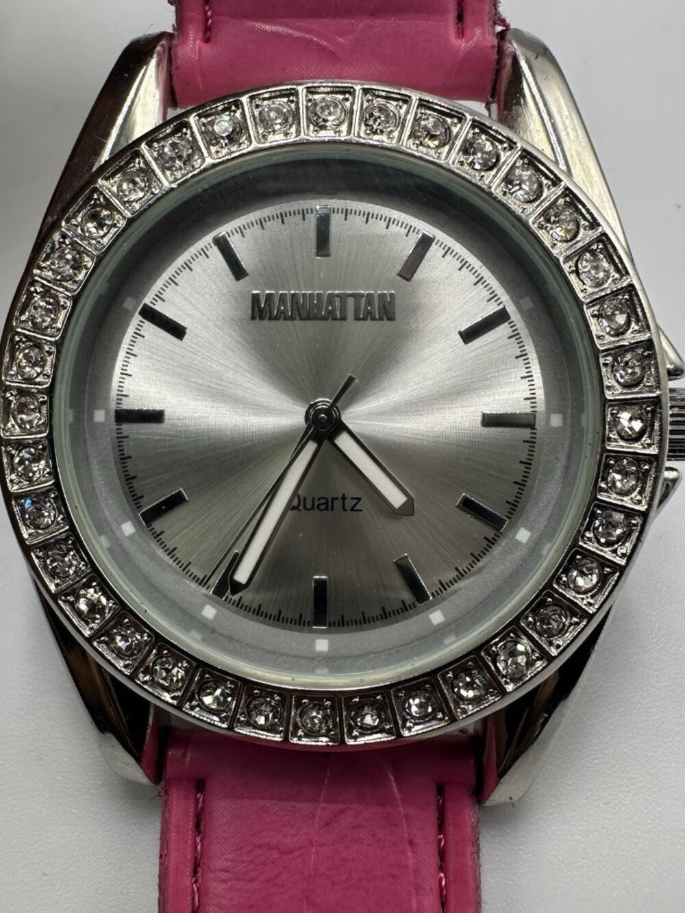 Manhattan by Croton Womens Watch Silver Tone Pink Leather Band New Battery 9.5"